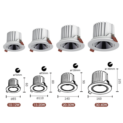 Cob 10W 15w 20W Dimmable LED डाउनलाइट एंटी ग्लेयर फ्रैमलेस रिसेस्ड लाइटिंग